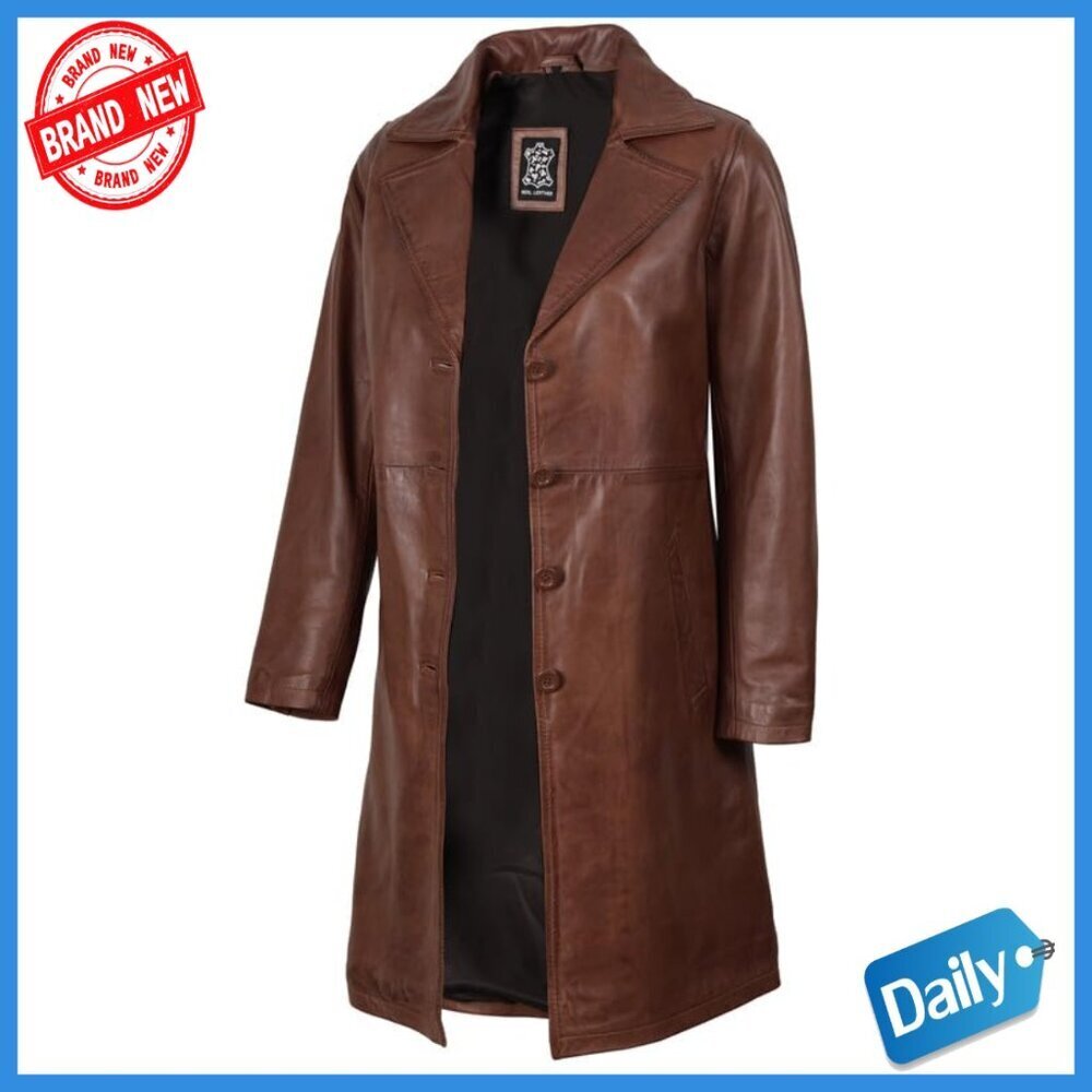 Real Lambskin Leather Coat Women's Long Car Coat Button Closure